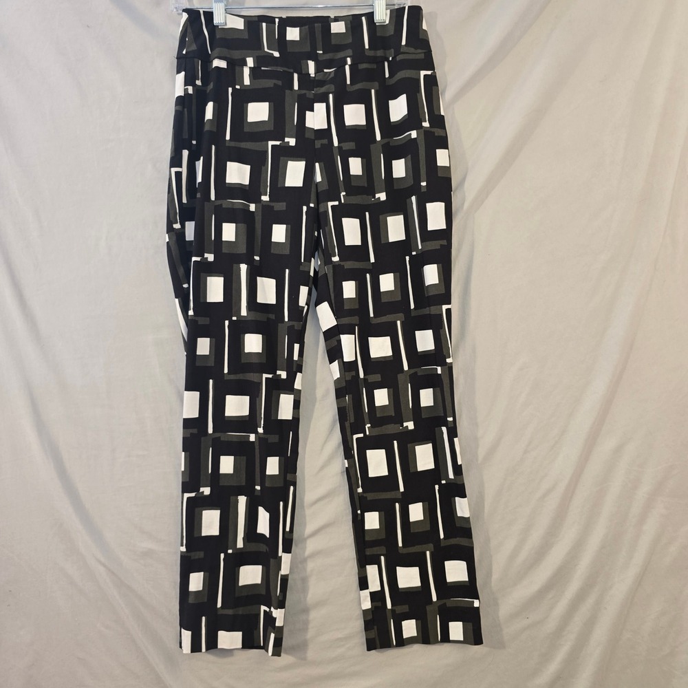 Joseph Ribkoff Straight Leg Pants 10 Womens Black White Geometric Square Print